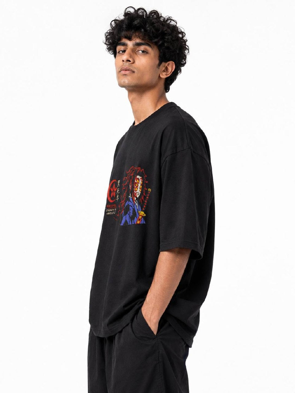 Kokushibo Unisex Black Embroidery T-Shirt | Premium Oversized 240 GSM Pure Cotton