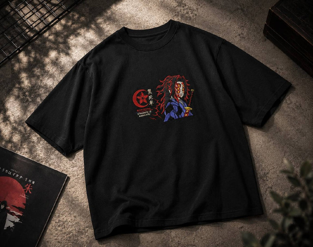 Kokushibo Unisex Black Embroidery T-Shirt | Premium Oversized 240 GSM Pure Cotton