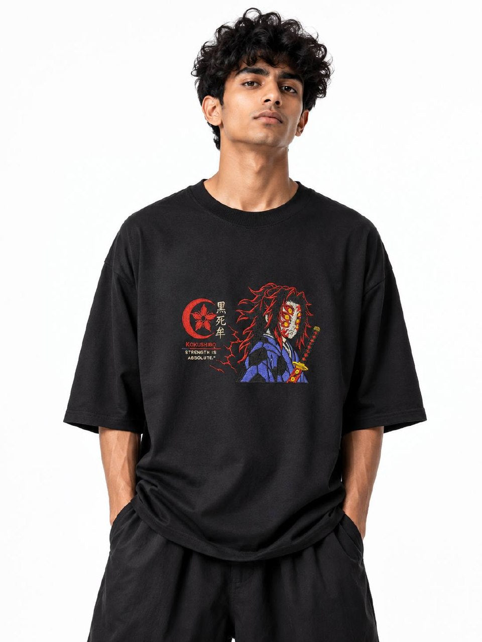 Kokushibo Unisex Black Embroidery T-Shirt | Premium Oversized 240 GSM Pure Cotton
