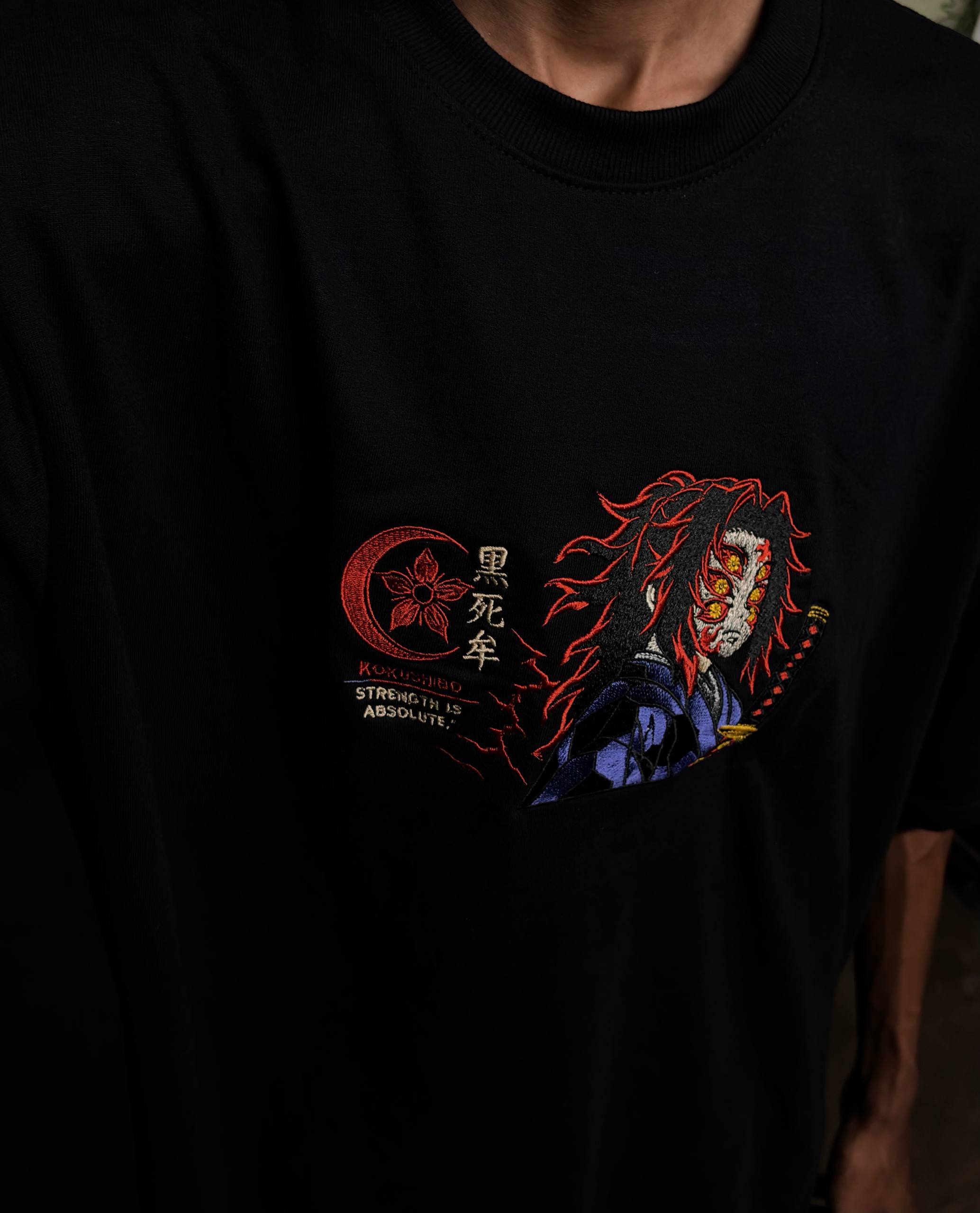 Kokushibo Unisex Black Embroidery T-Shirt | Premium Oversized 240 GSM Pure Cotton