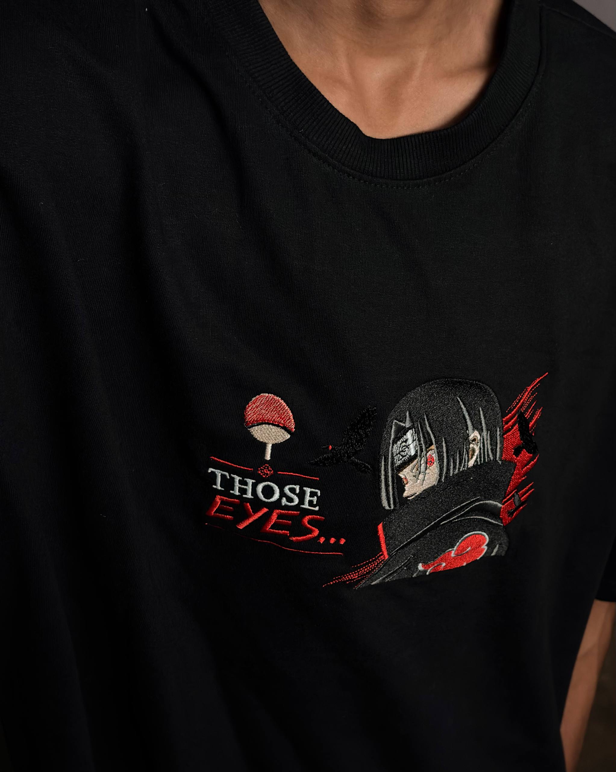 Itachi Uchiha Embroidery Unisex Oversized T-Shirt Black | 240 GSM Cotton