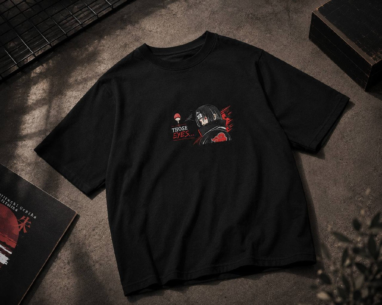 Itachi Uchiha Embroidery Unisex Oversized T-Shirt Black | 240 GSM Cotton