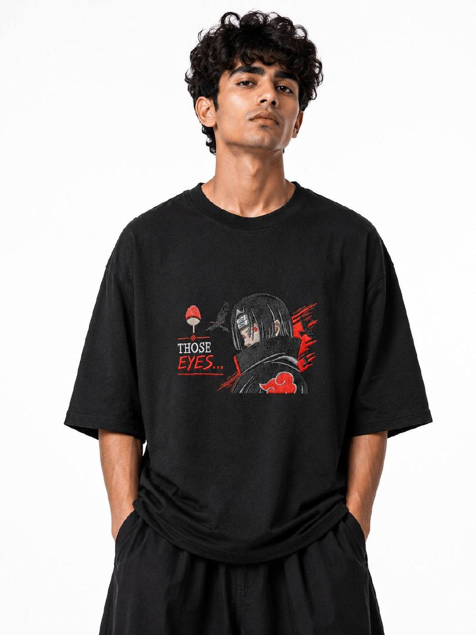 Itachi Uchiha Embroidery Unisex Oversized T-Shirt Black | 240 GSM Cotton