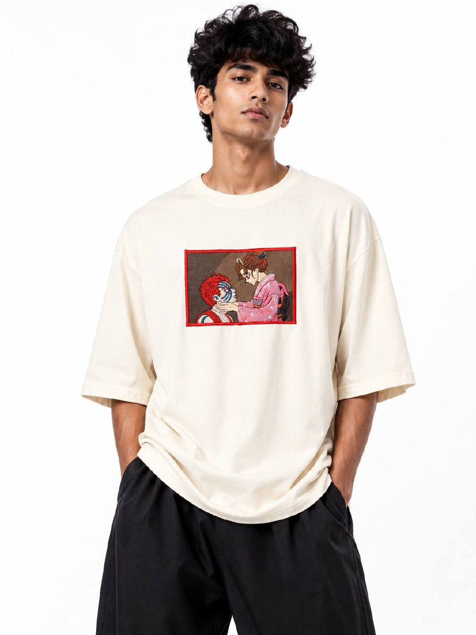 Akaza & Koyuki Embroidery Unisex Oversized T-Shirt Off White | 240 GSM Cotton