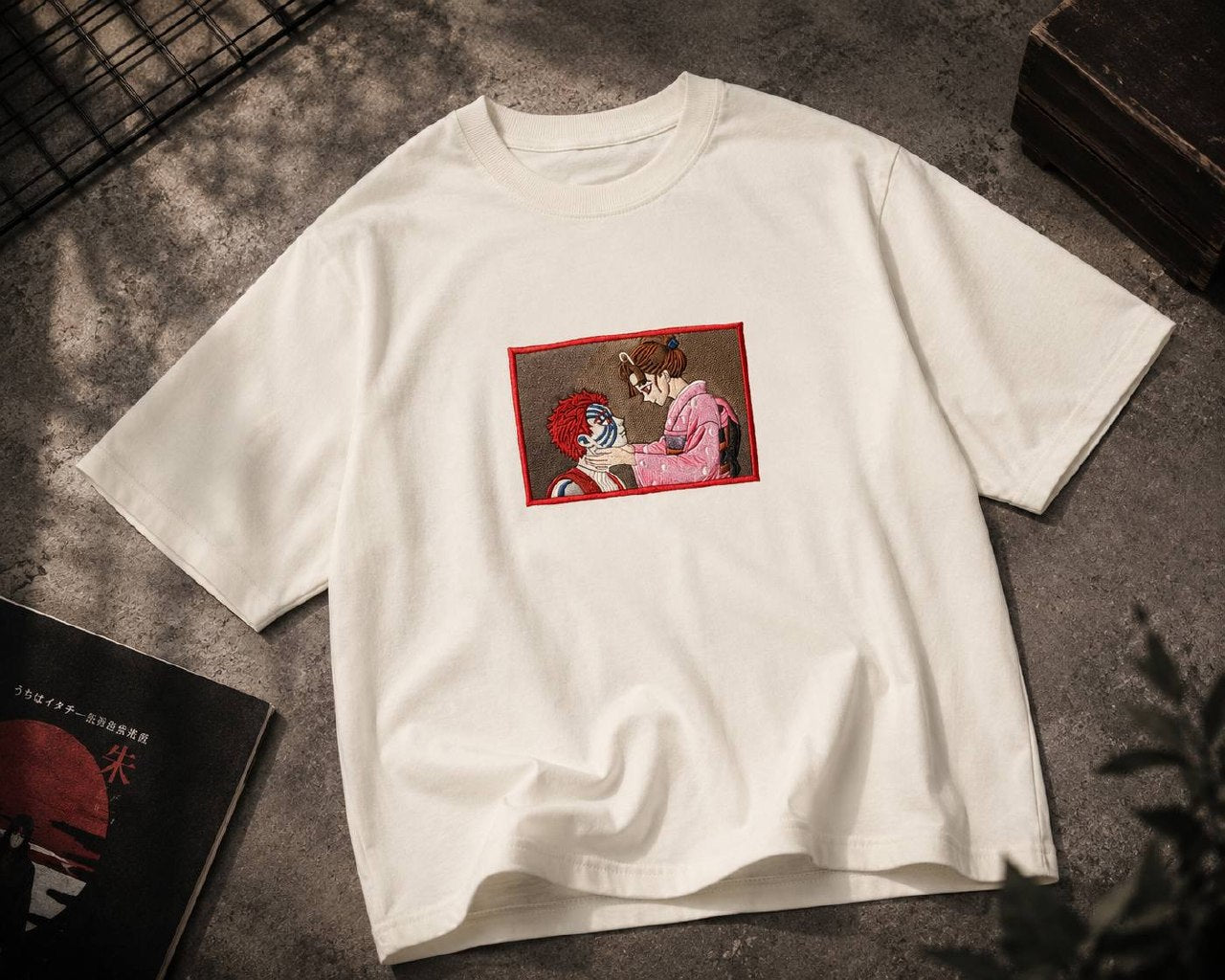 Akaza & Koyuki Embroidery Unisex Oversized T-Shirt Off White | 240 GSM Cotton