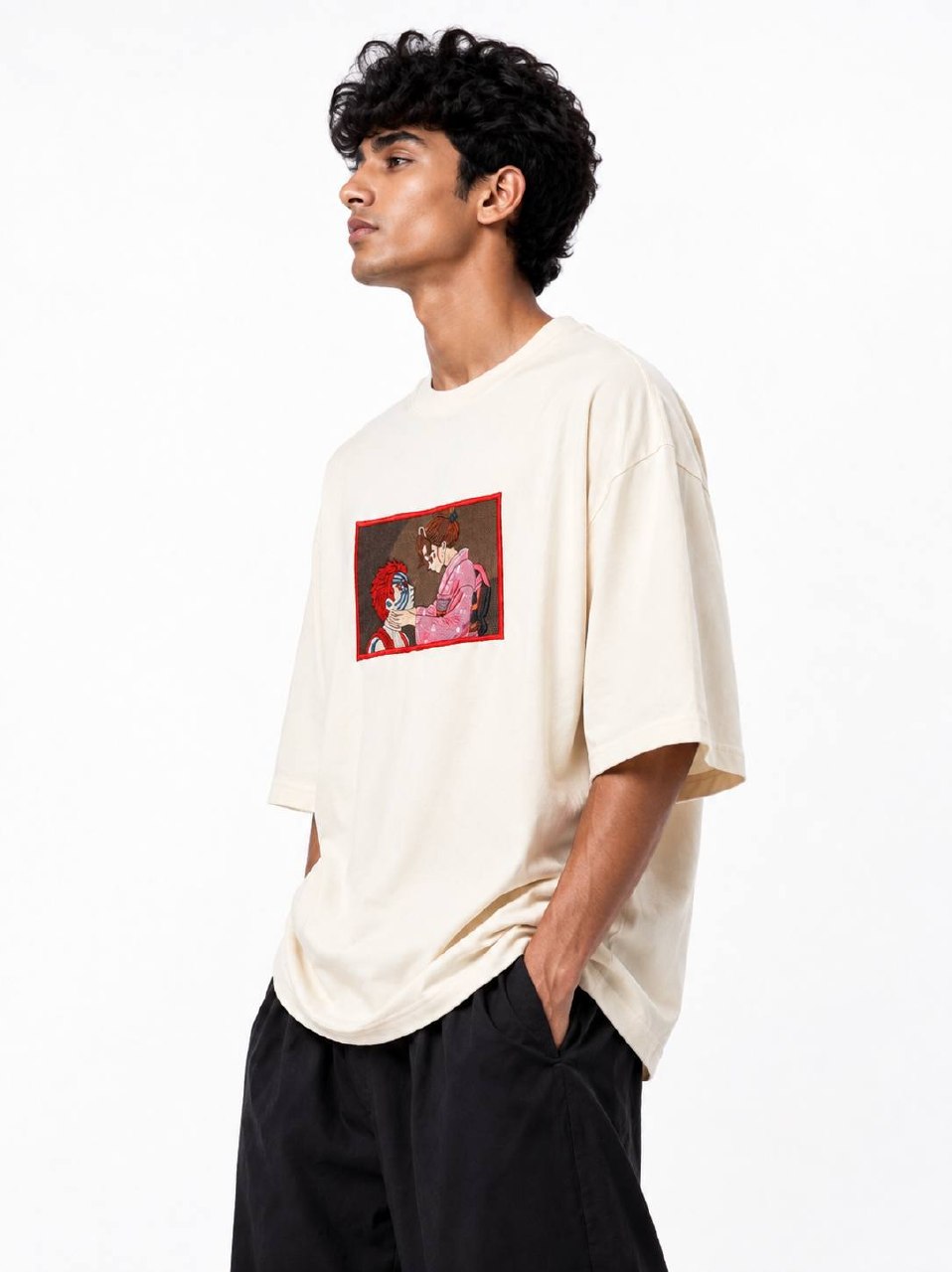 Akaza & Koyuki Embroidery Unisex Oversized T-Shirt Off White | 240 GSM Cotton