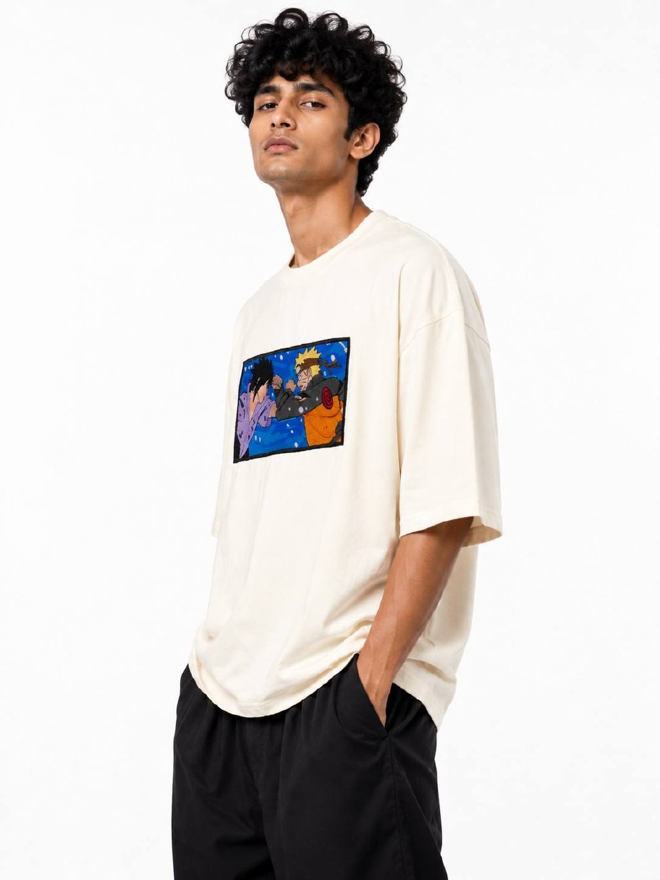 Naruto vs Sasuke Embroidery Unisex Oversized T-Shirt Off White | 240 GSM Cotton