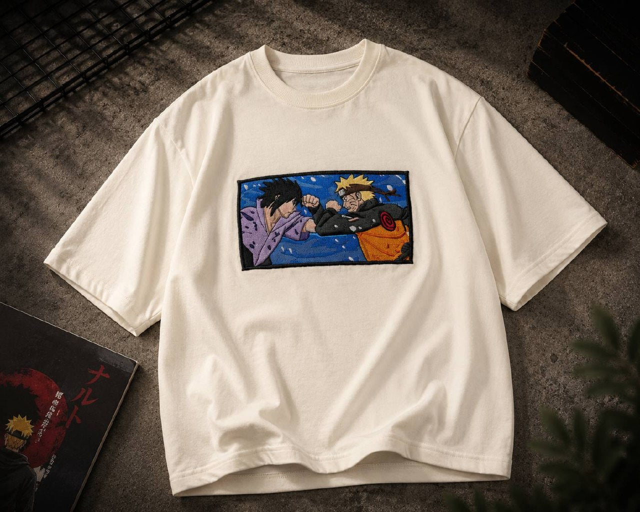 Naruto vs Sasuke Embroidery Unisex Oversized T-Shirt Off White | 240 GSM Cotton