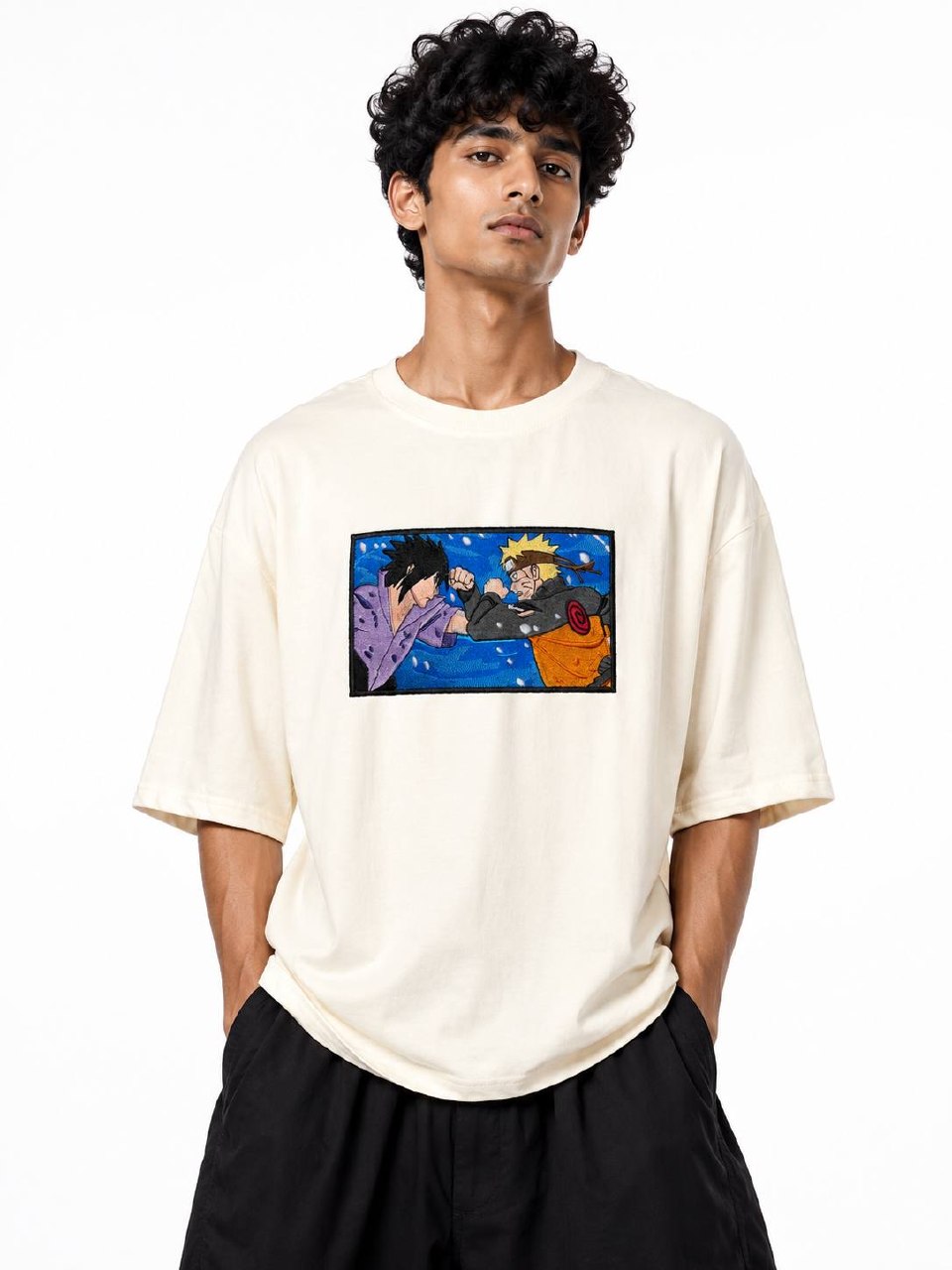 Naruto vs Sasuke Embroidery Unisex Oversized T-Shirt Off White | 240 GSM Cotton