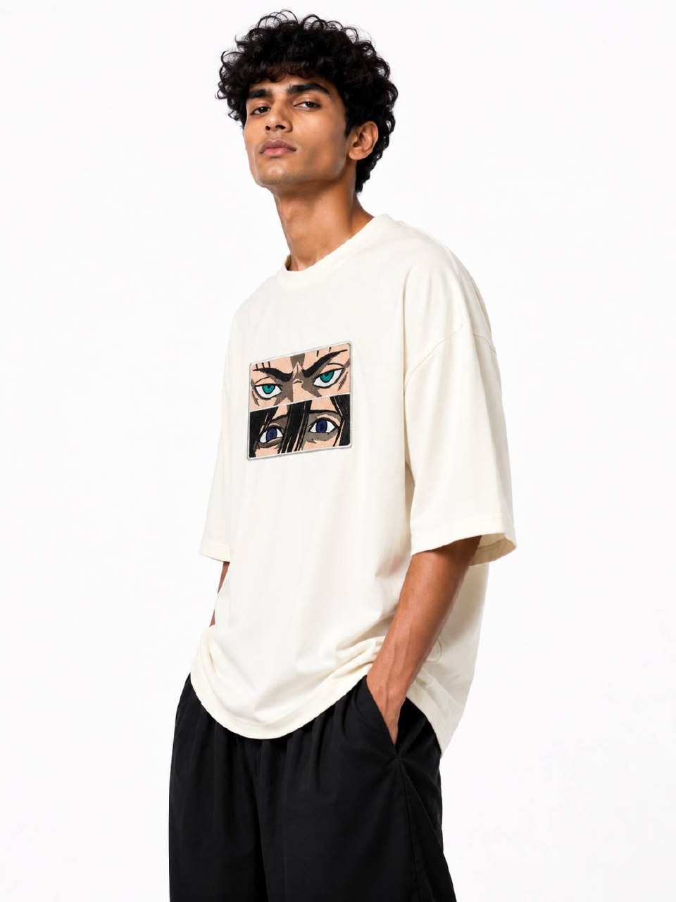 Eren & Mikasa Eyes Embroidery Unisex Oversized T-Shirt Off White | 240 GSM Cotton