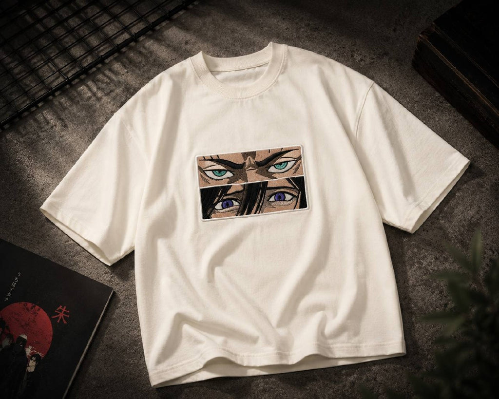 Eren & Mikasa Eyes Embroidery Unisex Oversized T-Shirt Off White | 240 GSM Cotton