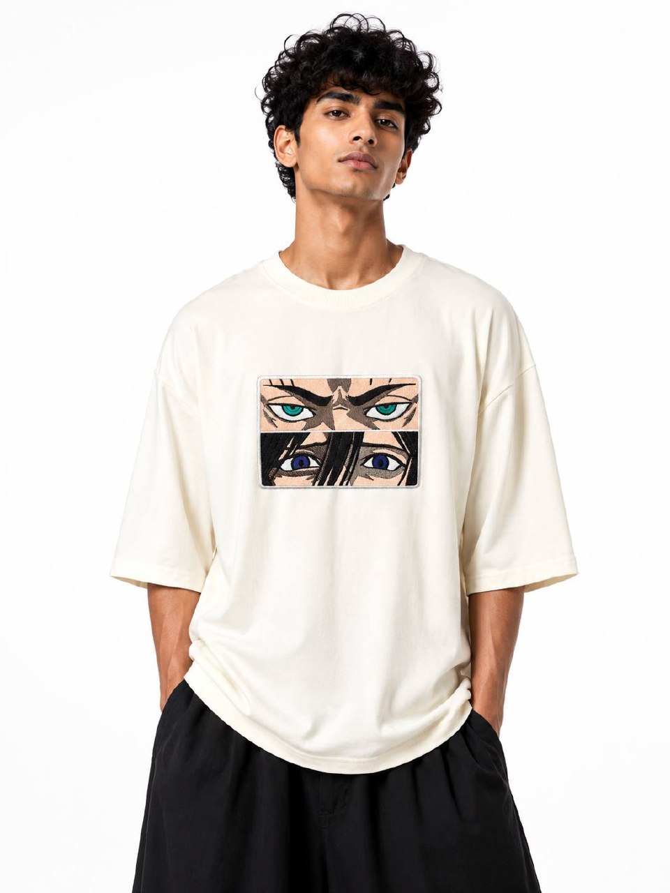 Eren & Mikasa Eyes Embroidery Unisex Oversized T-Shirt Off White | 240 GSM Cotton