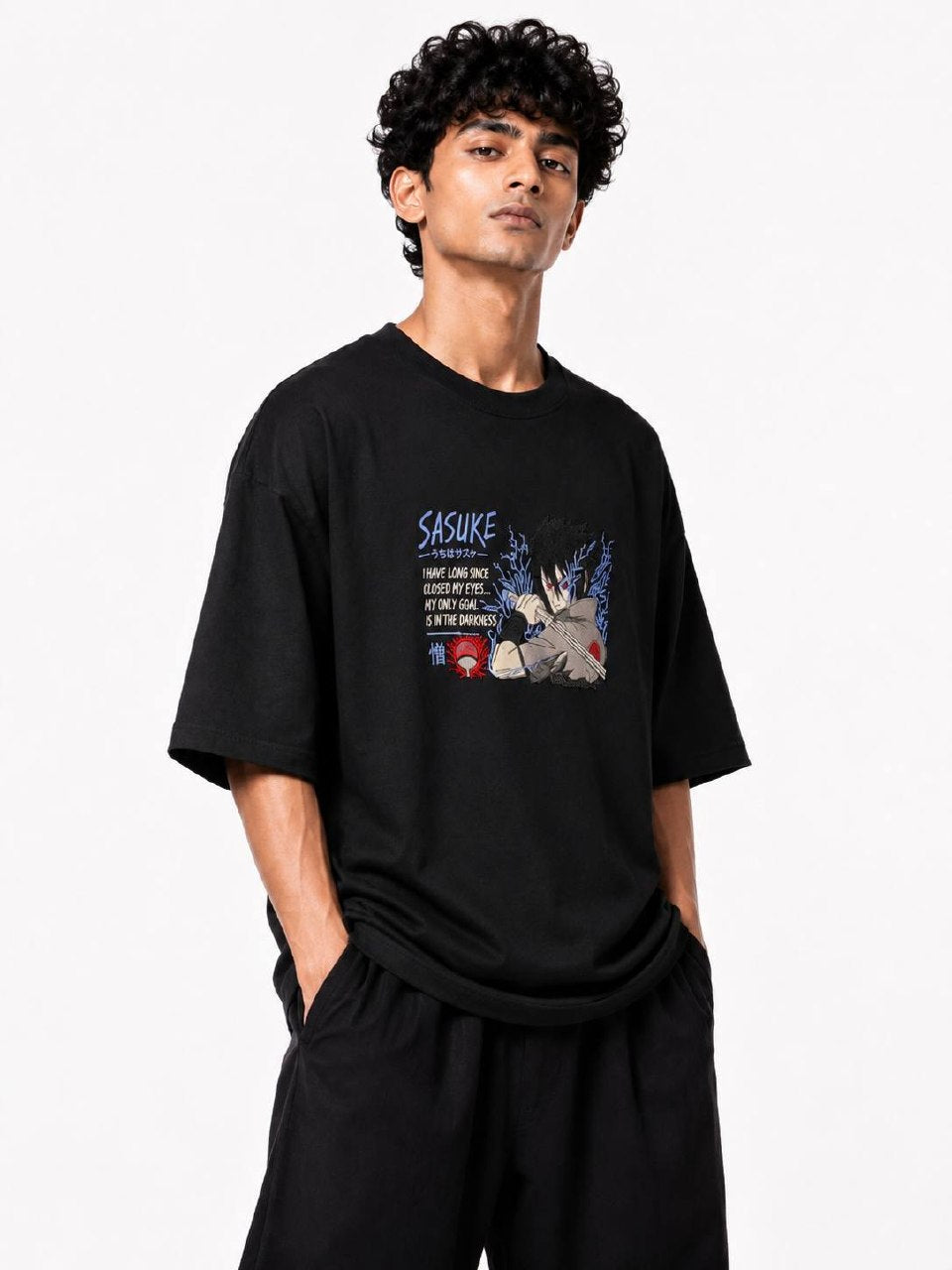 Sasuke Uchiha Embroidery Unisex Oversized T-Shirt Black | 240 GSM Pure Cotton