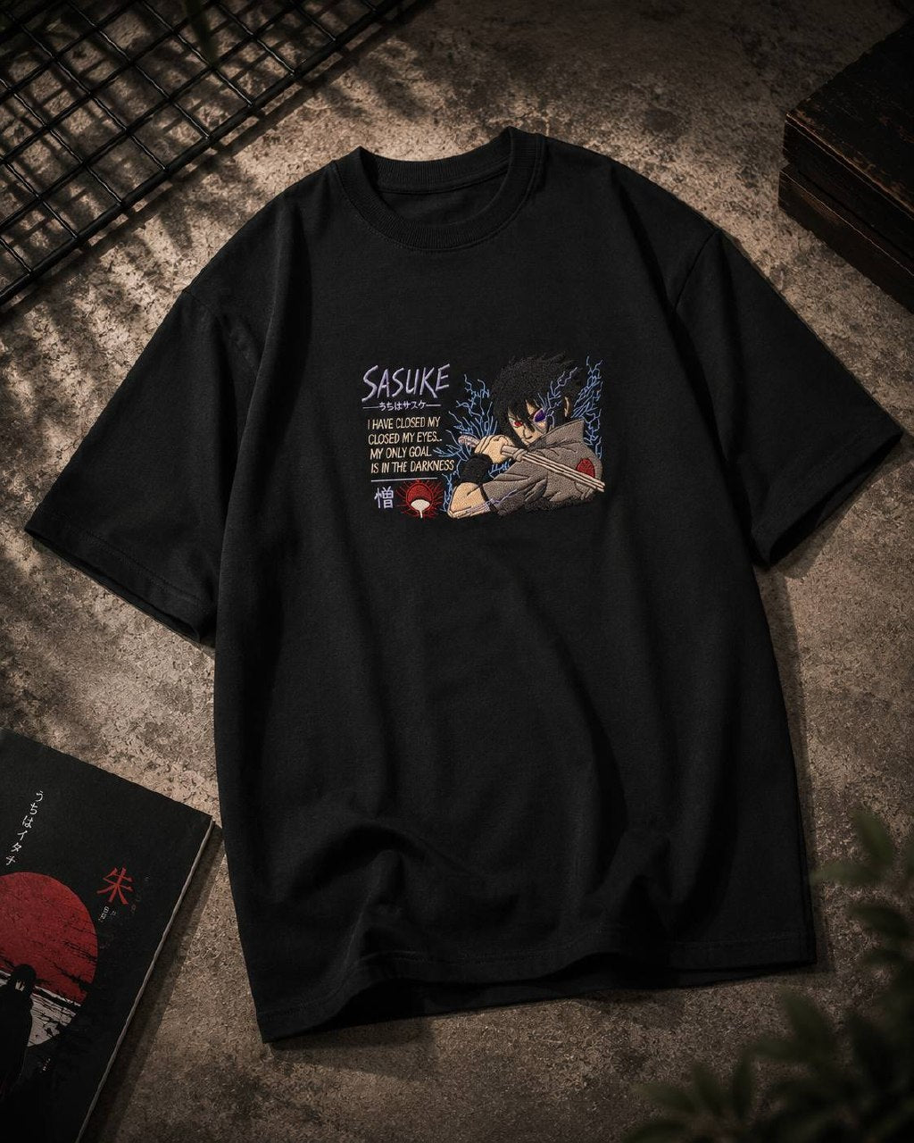 Sasuke Uchiha Embroidery Unisex Oversized T-Shirt Black | 240 GSM Pure Cotton