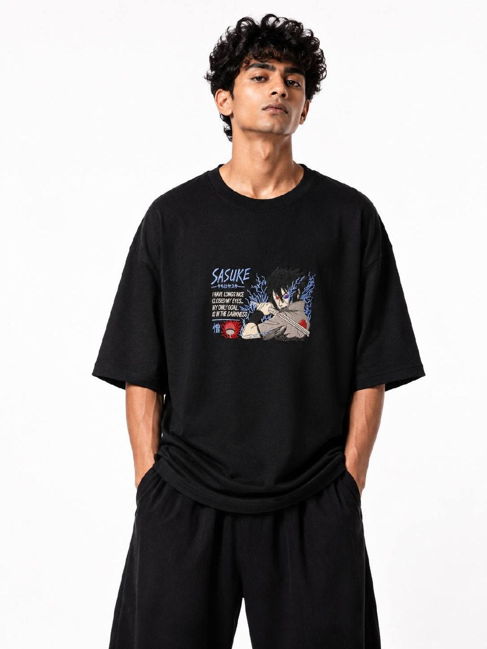 Sasuke Uchiha Embroidery Unisex Oversized T-Shirt Black | 240 GSM Pure Cotton