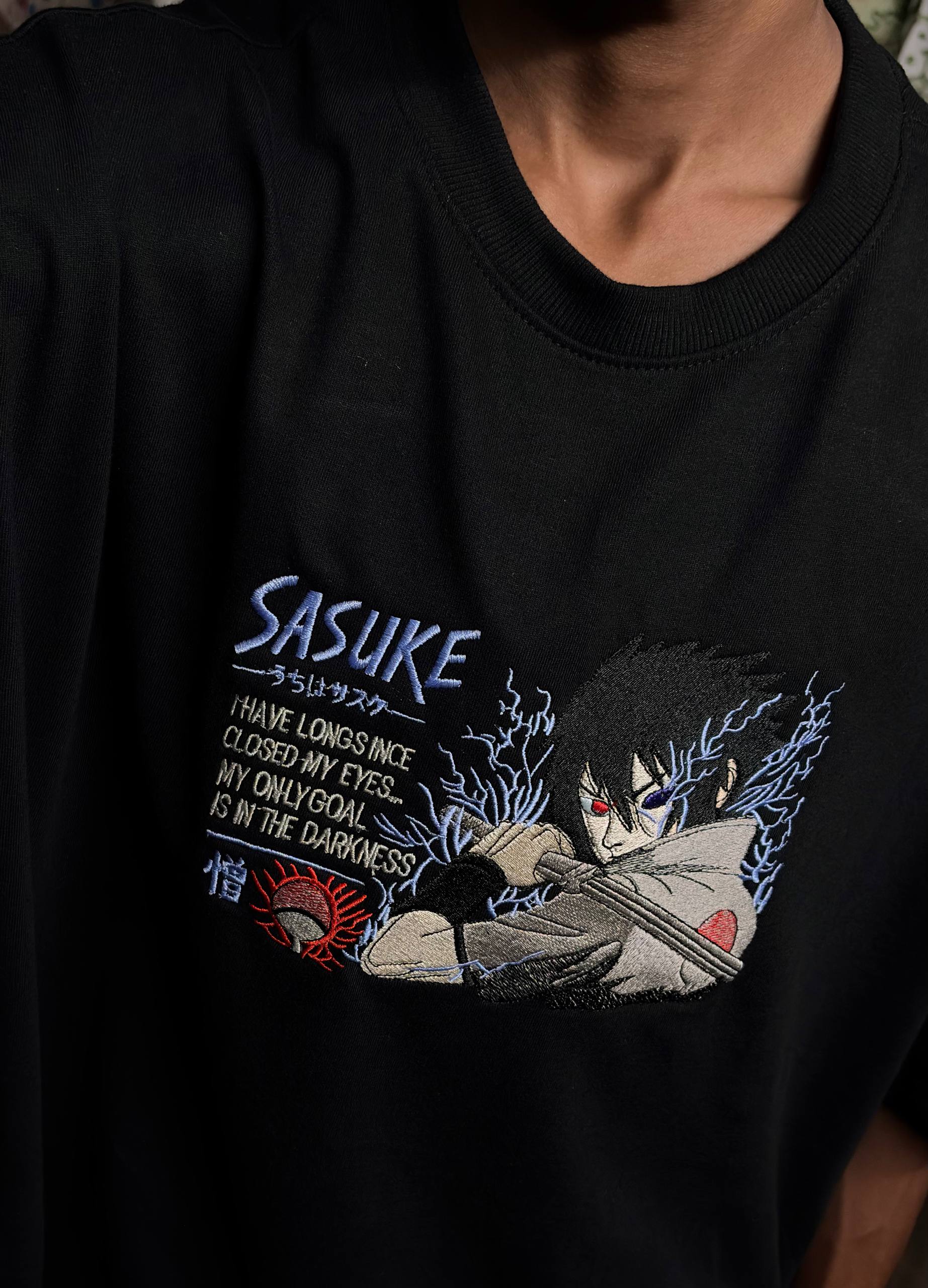 Sasuke Uchiha Embroidery Unisex Oversized T-Shirt Black | 240 GSM Pure Cotton